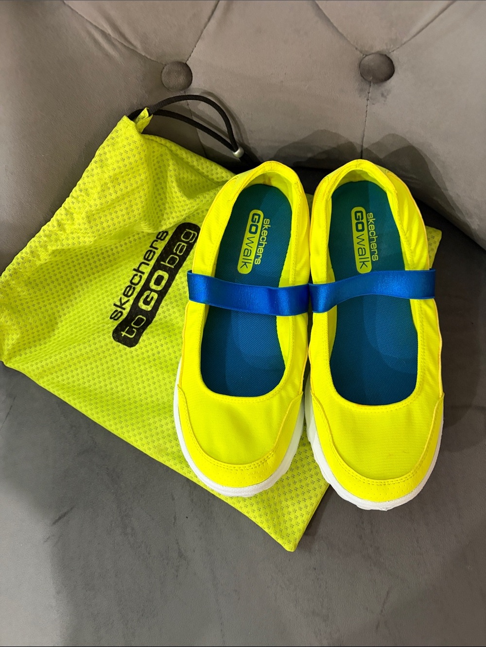 Skechers Women’s Yellow Mary Jane Sneakers with Blue Strap